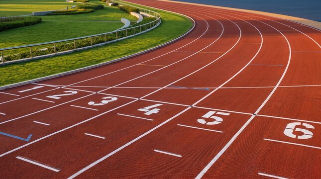 A close-up view of an empty red athletic running track with white lane markings and numbers, curving to the left next to green grass.