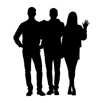 Silhouette of a group of three friends or business team colleagues waving and standing together