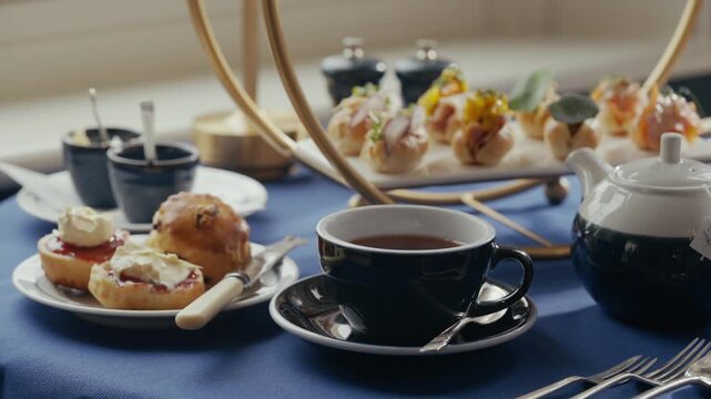 Elegant afternoon tea spread with scones and delicate pastries on blue linen