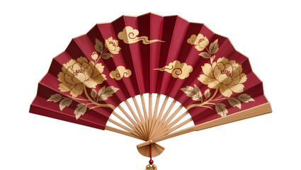Red folding fan with golden peony flowers and clouds © Corman