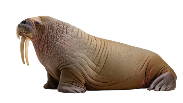 Large walrus with tusks and wrinkled skin on white