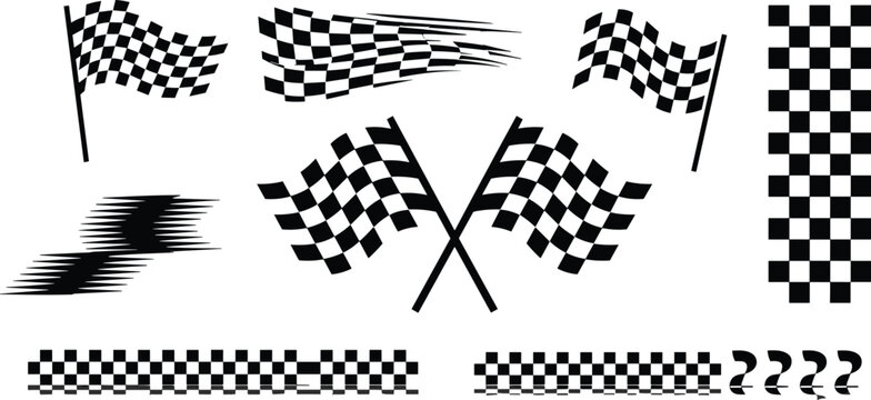 Racing checkered flag vector illustration set with crossed flags speed trails and sport championship borders
