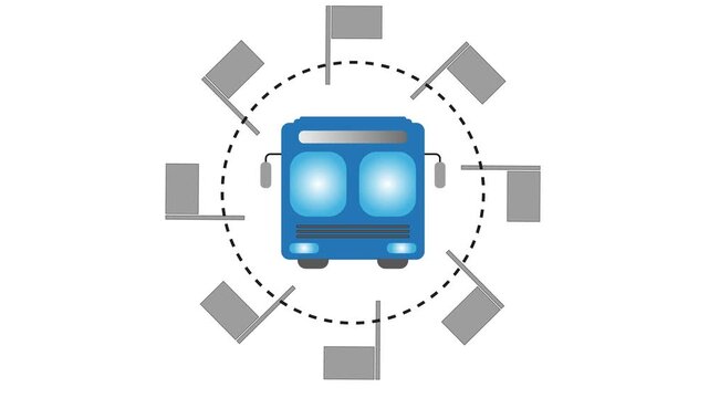 Bus icon features rotating route flags. Transport graphic suits navigation media. Apply looping video for travel apps.