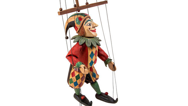 Traditional wooden marionette puppet string doll isolated on a transparent background retro toy element