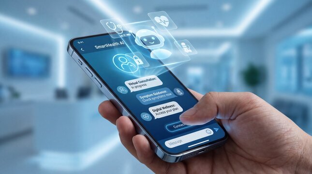 Smart health AI application on smartphone offering virtual consultation and symptom checker services.