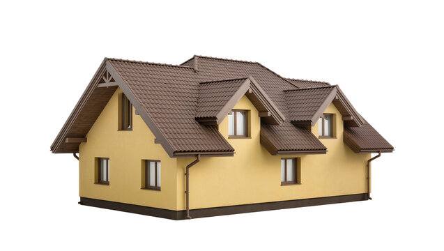 Yellow suburban house with brown tiled roof and dormer windows