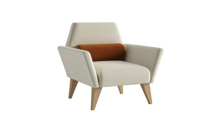 Fototapeta premium Modern armchair with cream upholstery and orange bolster pillow