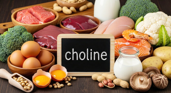 Assorted foods rich in choline including eggs, meats, vegetables, and dairy displayed on a wooden table with a chalkboard sign