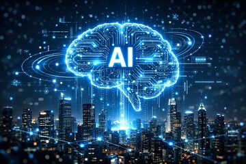 Fototapeta premium AI Powered Smart City and Digital Brain Network Visualization, Generative Artificial Intelligence, Machine Learning, Cloud Computing and Future Technology Innovation Concept