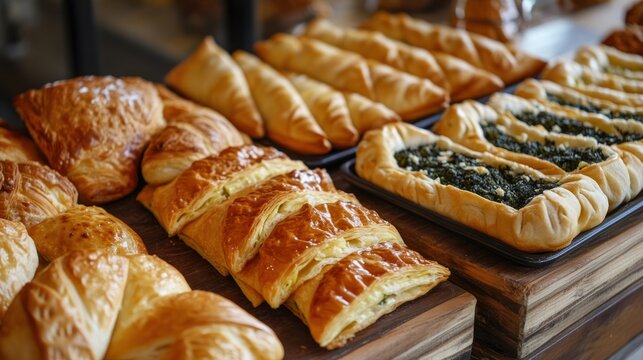 Freshly baked spinach and cheese fatayer pastries on wooden trays.