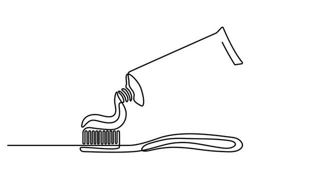 Animated self drawing of Continuous single line drawing of a toothbrush with toothpaste coming out of a tube for dental care and oral hygiene. Full length one line animation. 4K video