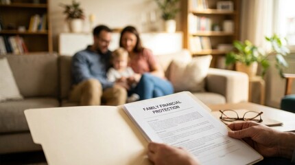 Fototapeta premium Family Financial Protection: Insurance policy holder reviewing coverage in secure home environment 