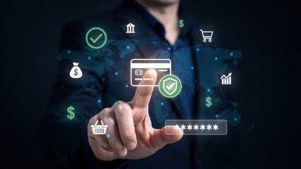 Fototapeta premium Businessman touching a digital credit card icon for secure online financial payment
