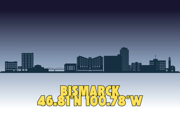 Fototapeta premium Bismarck, North Dakota state skyline silhouette featuring iconic architecture and geographic coordinates on a modern gradient background vector illustration.