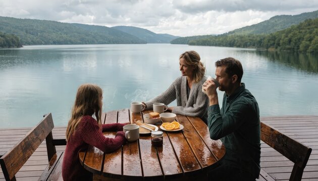 Family Enjoys Breakfast by a Serene Lake Surrounded by Lush Mountains Under a Cloudy Sky