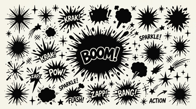 Comic blast vector element set with hand drawn black ink splatter splat explosion text sound effects boom krak pow and retro action graphics.