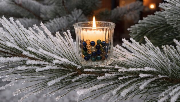 Frosted Pine Branch With Candlelight and Decorative Gems, Winter Holiday Ambiance