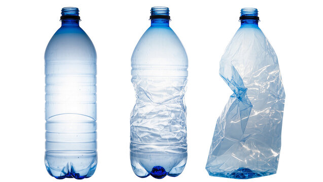 Three plastic water bottles one intact one crushed, one crumpled