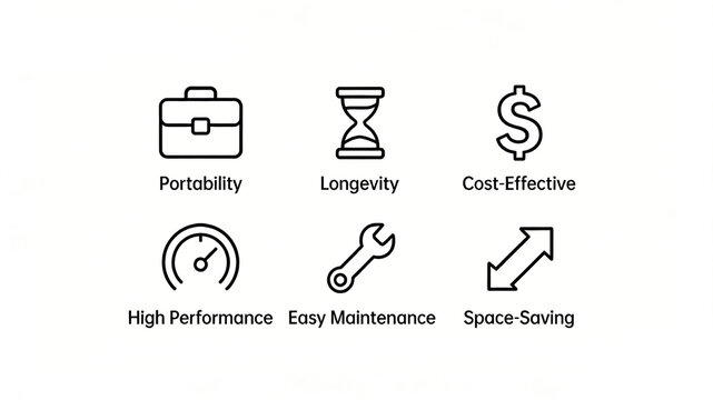 Six linear product advantage icons represent the concept of portable, long-lasting, efficient, easy to maintain, space saving, and high cost-effectiveness, suitable for industrial product selling 