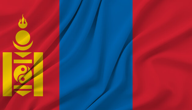 Waving flag of mongolia national symbol with soyombo emblem and national colors.