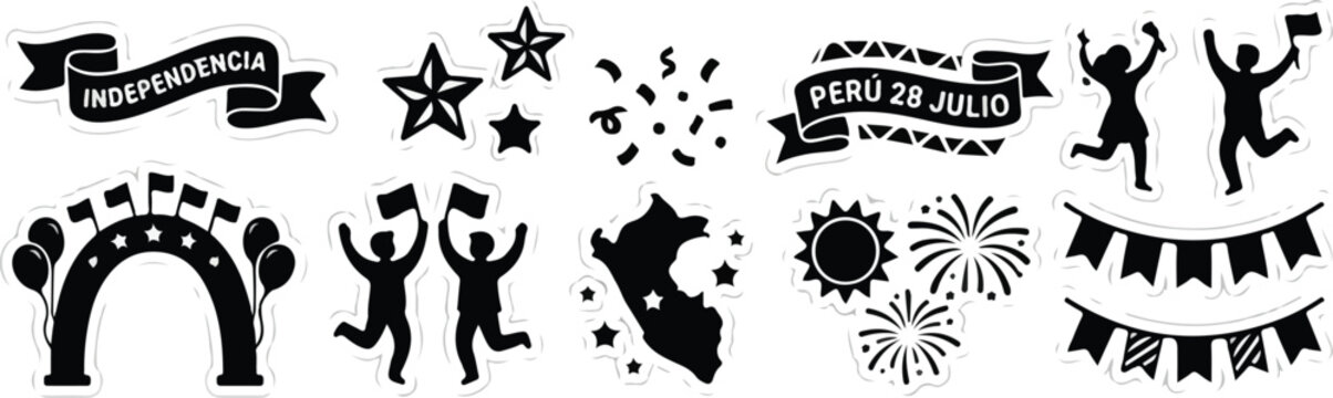 Peru Independence Day Silhouette Element Set - Fiestas Patrias Icons for 28 Julio