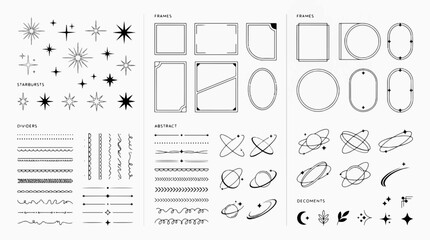 Mega collection set of minimalist geometric line art elements featuring celestial starbursts abstract frames divider lines and cosmic planet shapes, © fepro
