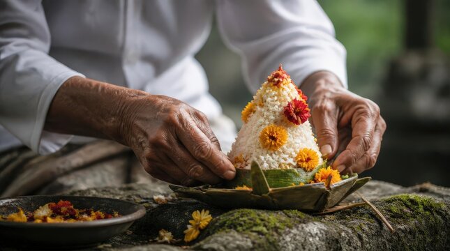 Weathered Hands Skillfully Arrange Floral Rice Offering in Serene Natural Setting