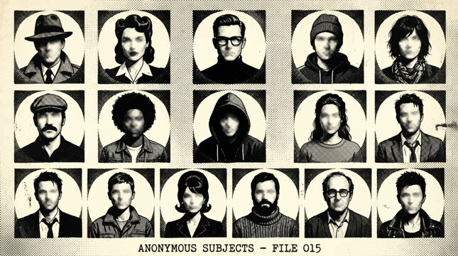 Mega collection set of vintage noir mugshots featuring retro cinematic portraits of anonymous subjects suspects and characters layout sheet,