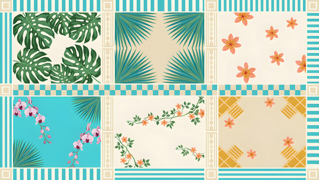 Tropical patchwork pattern with monstera palm leaves and orchids