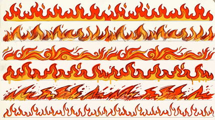 Set of retro cartoon fire flames borders and seamless horizontal hot blazing bonfire decorations with black outline stickers illustrations, © fepro