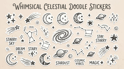 Mega collection set of whimsical celestial doodle stickers featuring black line art astronomy drawings and text slogans templates, © fepro