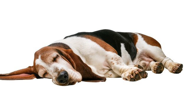 Basset Hound dog sleeping tri-color fur, long ears