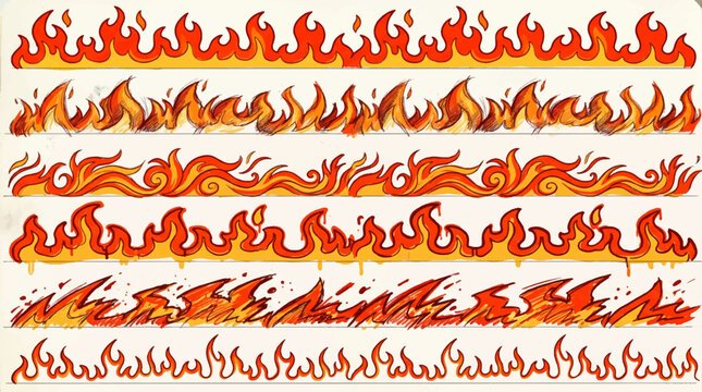 Set of retro cartoon fire flames borders and seamless horizontal hot blazing bonfire decorations with black outline stickers illustrations,
