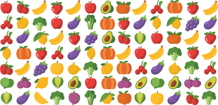 Fresh fruits and vegetables seamless pattern vector flat icons set with apple banana broccoli avocado grape pumpkin and eggplant