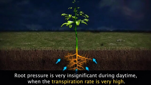 3D animation showing root pressure pushing water and minerals upward through xylem in plants.