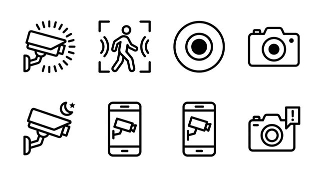 Video monitoring features icon set for security