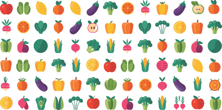 Fresh fruits and vegetables seamless pattern vector flat icons set with apple banana broccoli avocado grape pumpkin and eggplant