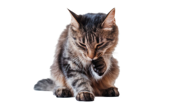 Tabby cat grooming paw with closed eyes