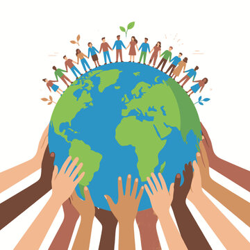 Diverse group of people holding hands around the Earth, symbolizing global unity and environmental care.