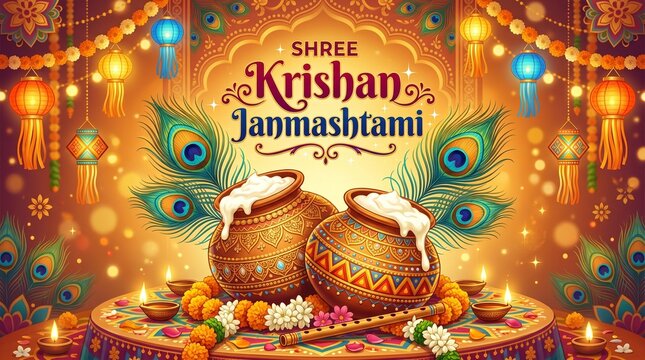 Janmashtami festival vector background with dahi handi, makhan pots, peacock feathers, and festive decorations for Shree Krishna Janmashtami celebration banner.