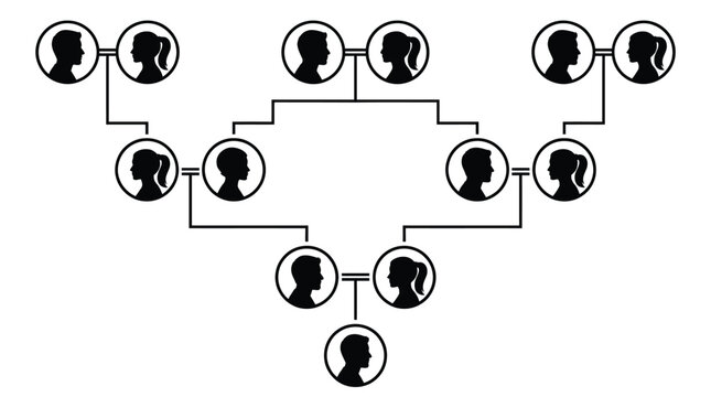 Detailed black and white vector illustration showing a complex multi generational family tree pedigree chart