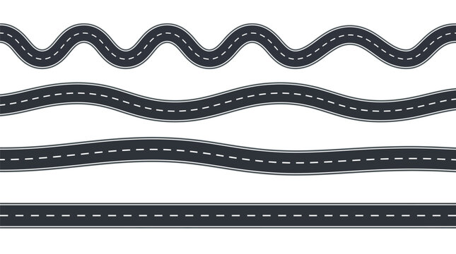 Modern vector illustration featuring various curved asphalt road segments with white dashed lane marking lines