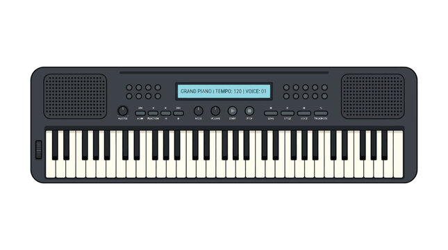 Detailed black electronic keyboard vector illustration featuring a digital display screen and white piano keys