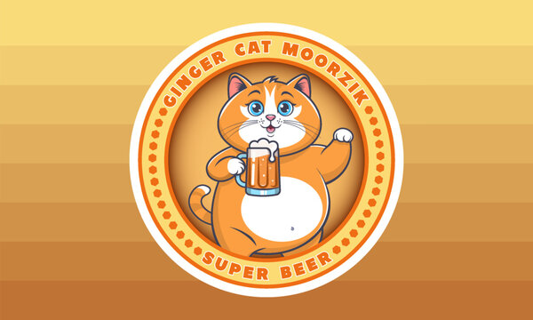 Vector round emblem or sticker. Chubby cute cartoon ginger cat holding mug of beer. Decal or coaster. Alcoholic yeast drink. Plump toon puss. Drunk funny pet. Humour comical kitten. Beery badge