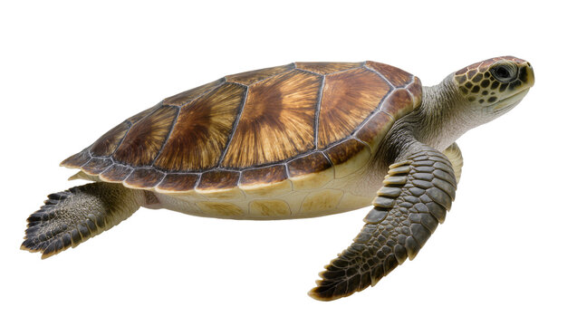Green sea turtle swimming, detailed shell pattern and flippers