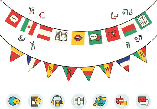 Colorful banner with flags and icons representing language learning and communication isolated on white background