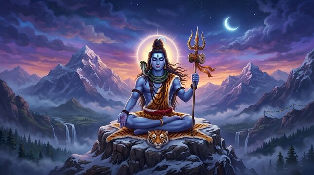 Lord Shiva Meditating in Himalayas with Glowing Aura and Trishula at Night