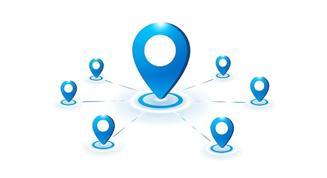 Location network illustration centralized map pin connecting to multiple satellite points