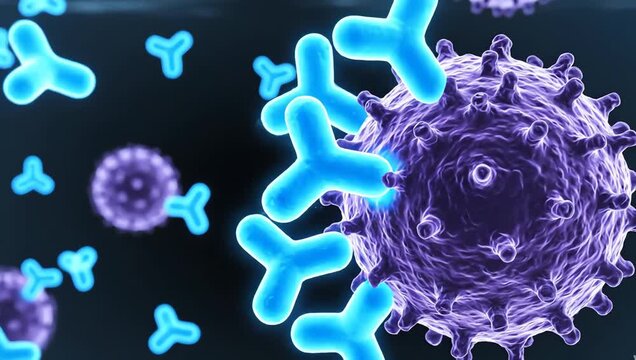 Antibodies attaching to harmful microorganisms within a transparent biological environment, smooth molecular interactions unfolding across realistic immune pathways