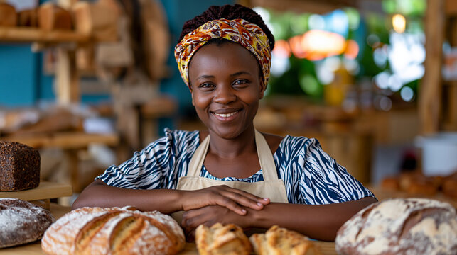 Proud micro loan recipient stands behind the counter of her newly opened small bakery, apron on, fresh products displayed, small business ownership, financial empowerment, women entrepreneurship, co